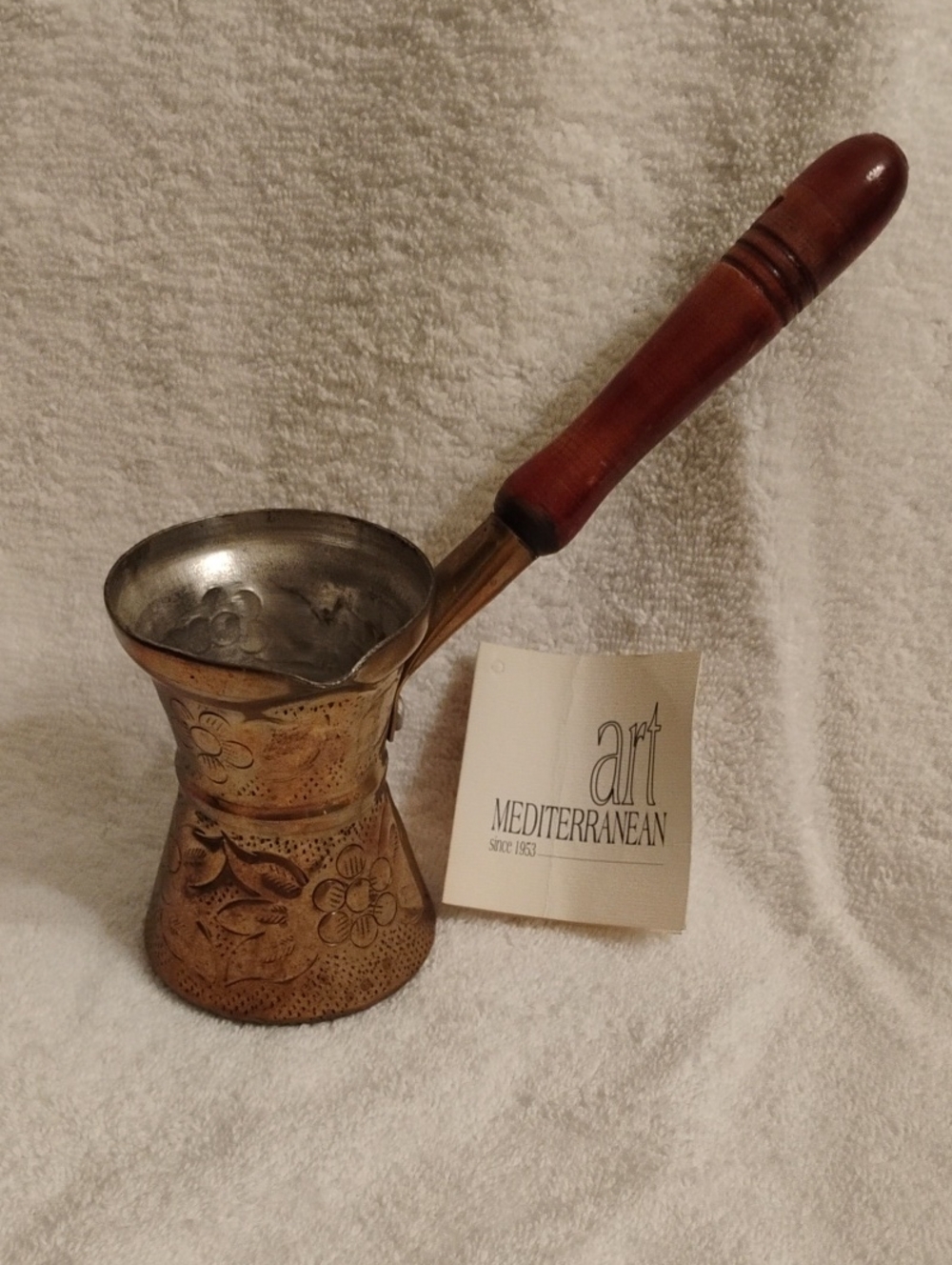 Handcrafted Brass Coffee Pot with Wood Handle - Brown/Gold